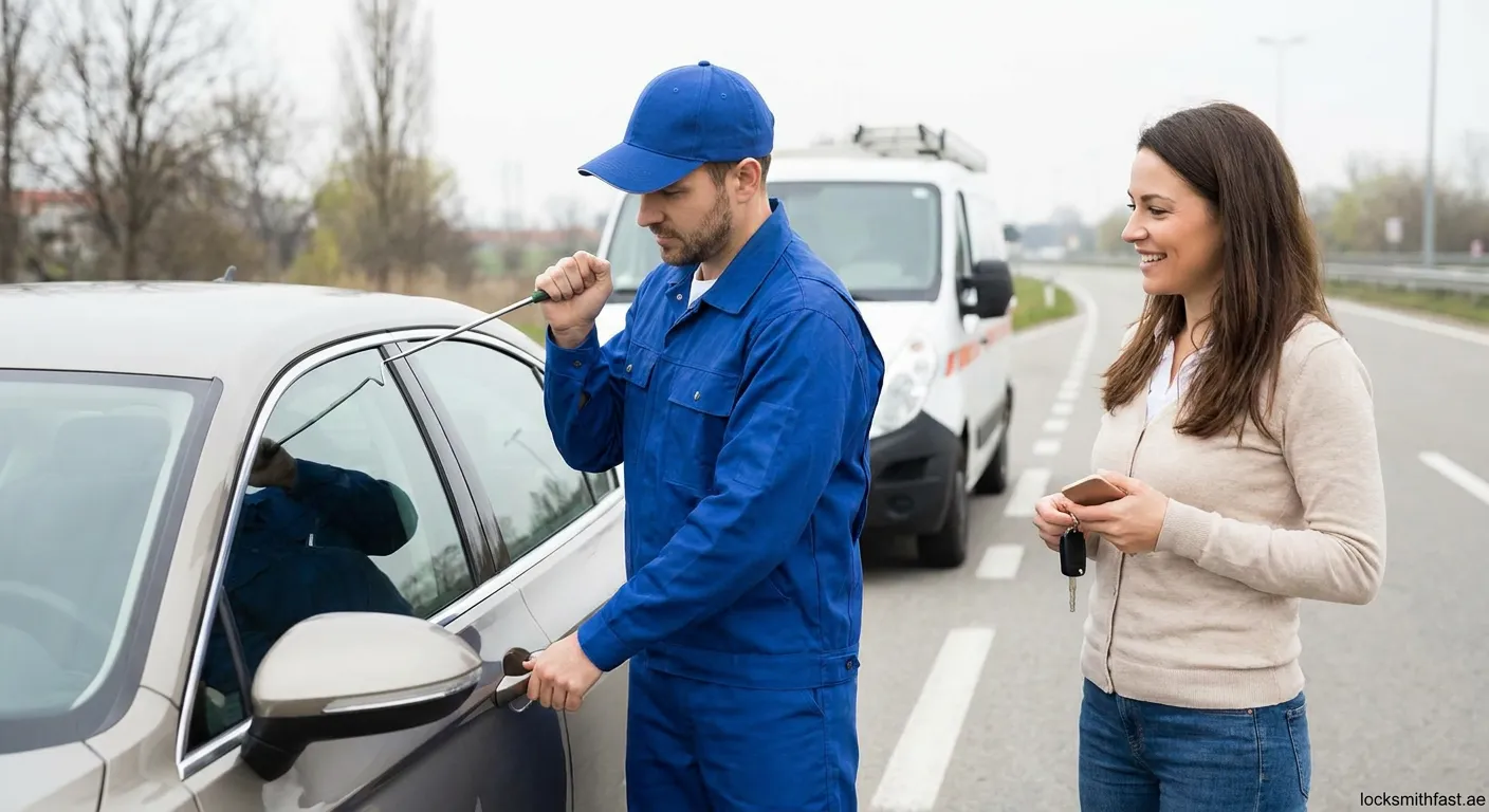 Locksmith performing emergency car door unlock service on roadside