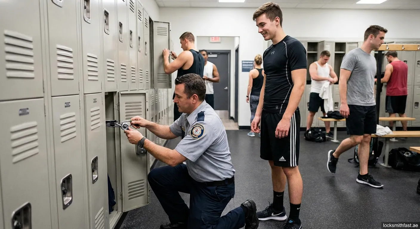 Locksmith tools next to a gym locker padlock