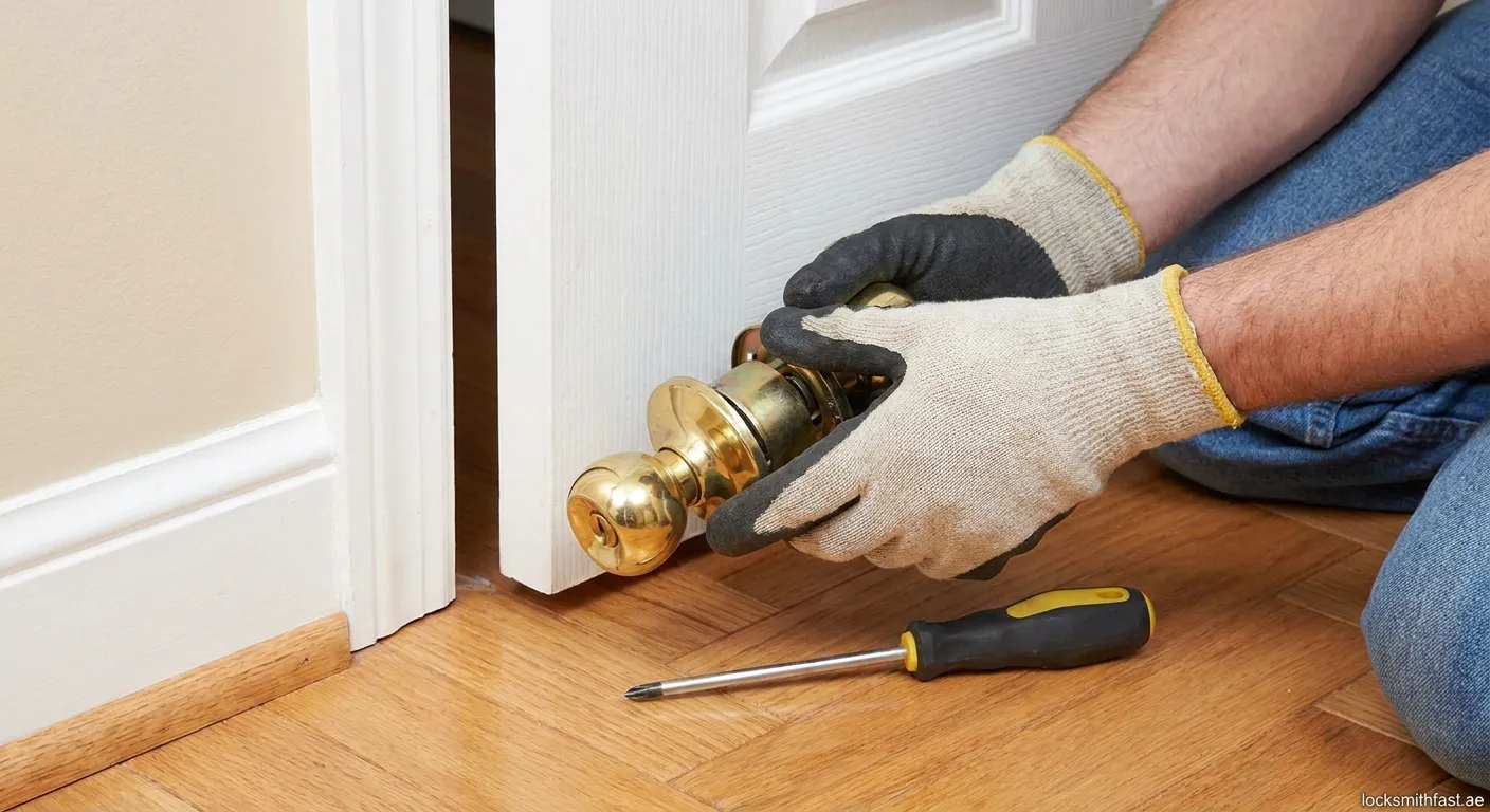 Person repairing loose interior door knob with screwdriver