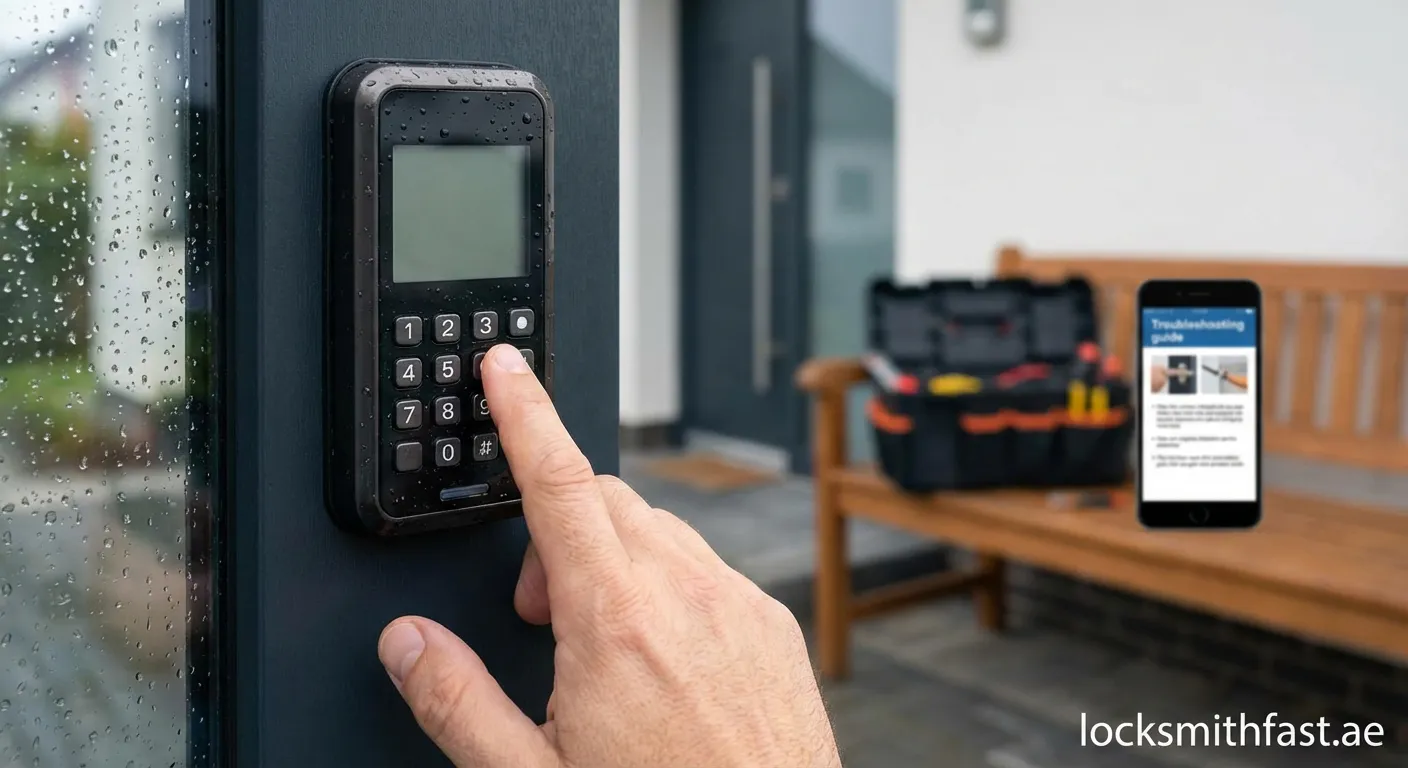 Person troubleshooting unresponsive smart lock keypad on door