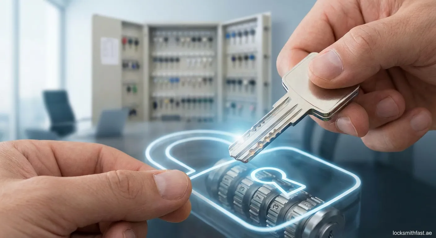 An open electronic key control cabinet system with numbered key slots and digital tracking panel