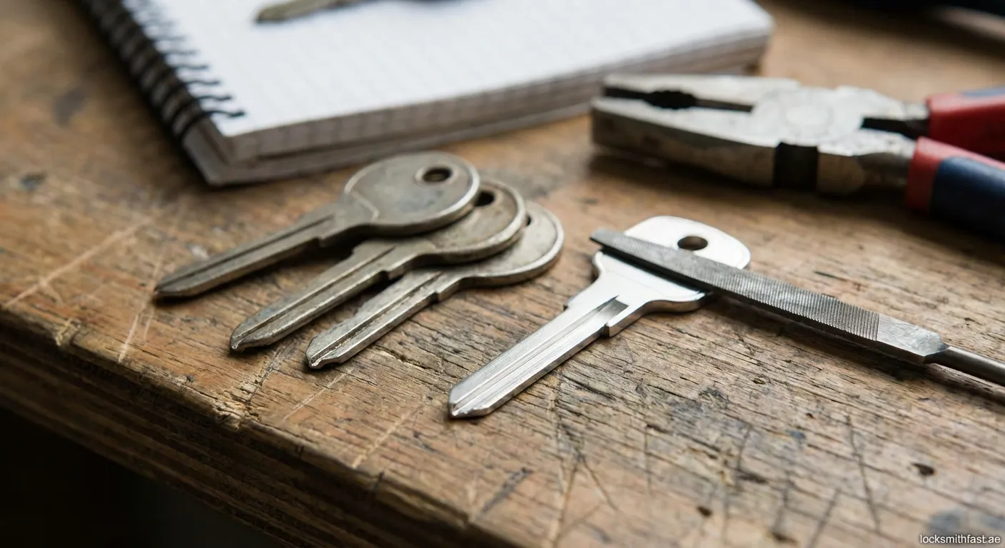 Close up of a worn car key blade next to a new key