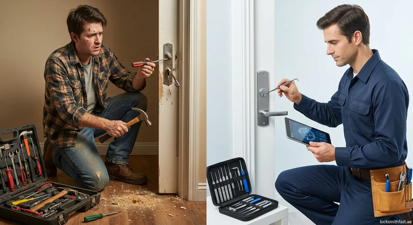 Professional locksmith installing a high-security deadbolt compared to a handyman with basic tools